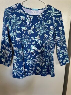J.McLaughlin Small Nylon Blend Blue Palm Tree 3/4 Sleeve Top Tropical Class